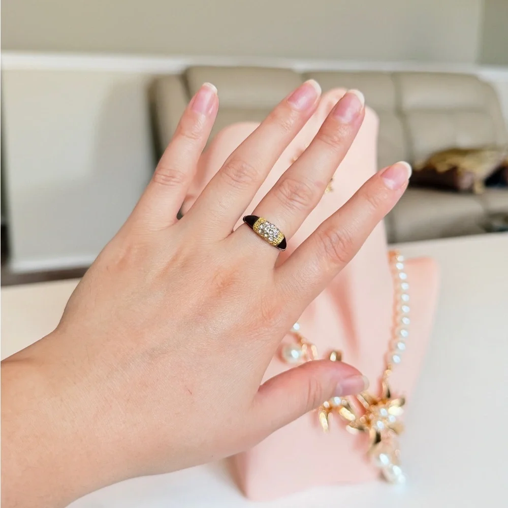 Classic Black Enamel and Gold Band Ring with Crystal Accents